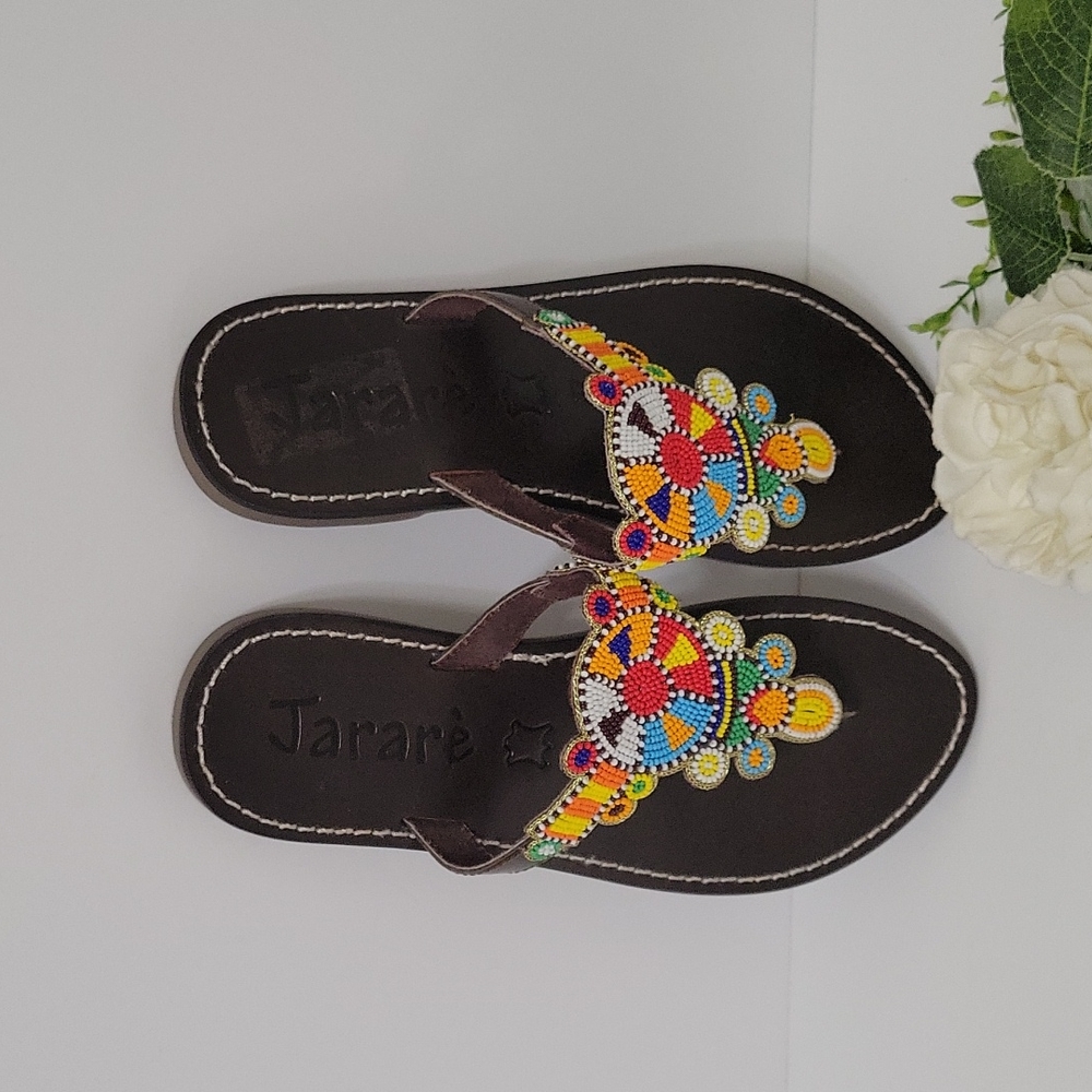 Jararè leather Malindi slip-on thong sandals with multicolor beads size 37 (6.5) - Picture 9 of 10